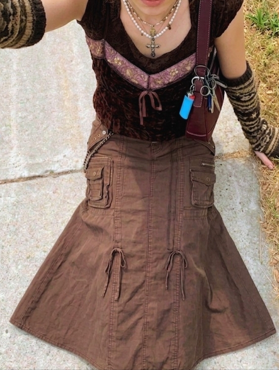 Free People Dresses & Skirts - Y2K 2000s Brown Utility Cargo Grunge WhimsyGoth Cotton Maxi Skirt Size 6/7